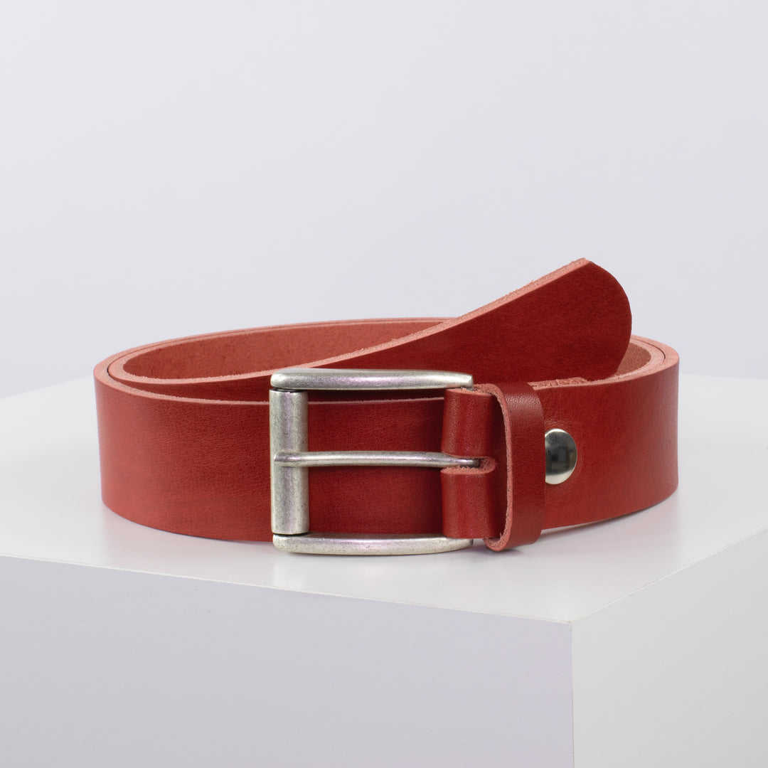 Ledergürtel 4cm mit Schnalle Amsterdam silber matt rot ohne Muster