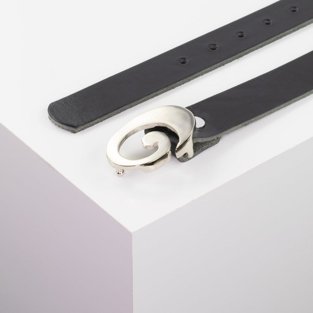Ledergürtel 3cm mit Schnalle Schnecke silber glänzend schwarz ohne Muster