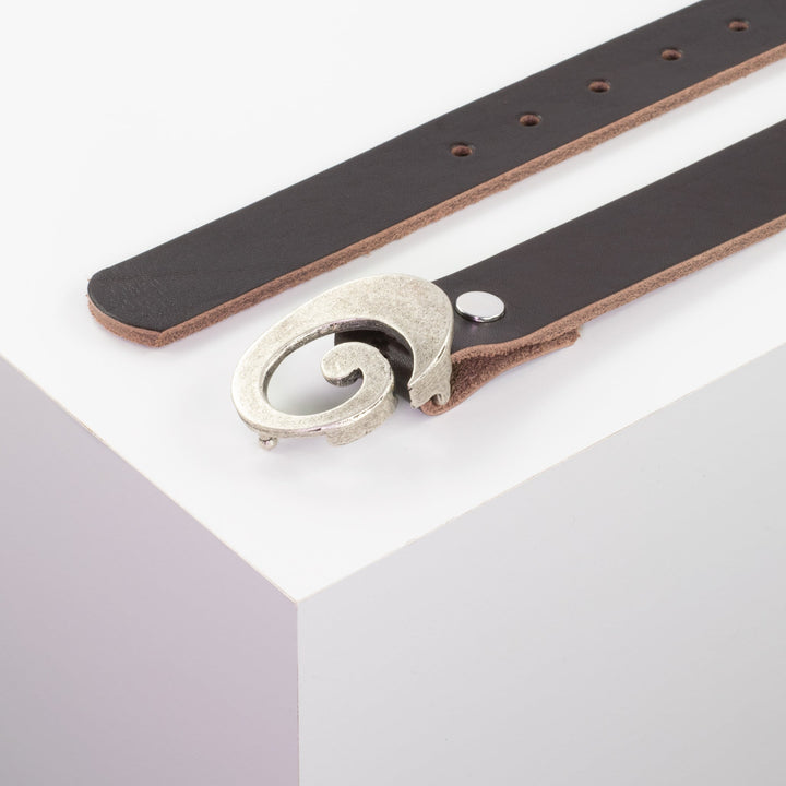 Ledergürtel 3cm mit Schnalle Schnecke silber matt dunkelbraun ohne Muster