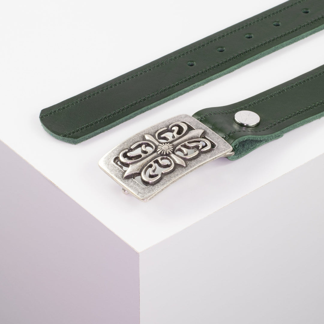 Ledergürtel 3,5cm mit Schnalle Ritter silber grün Reißverschluss
