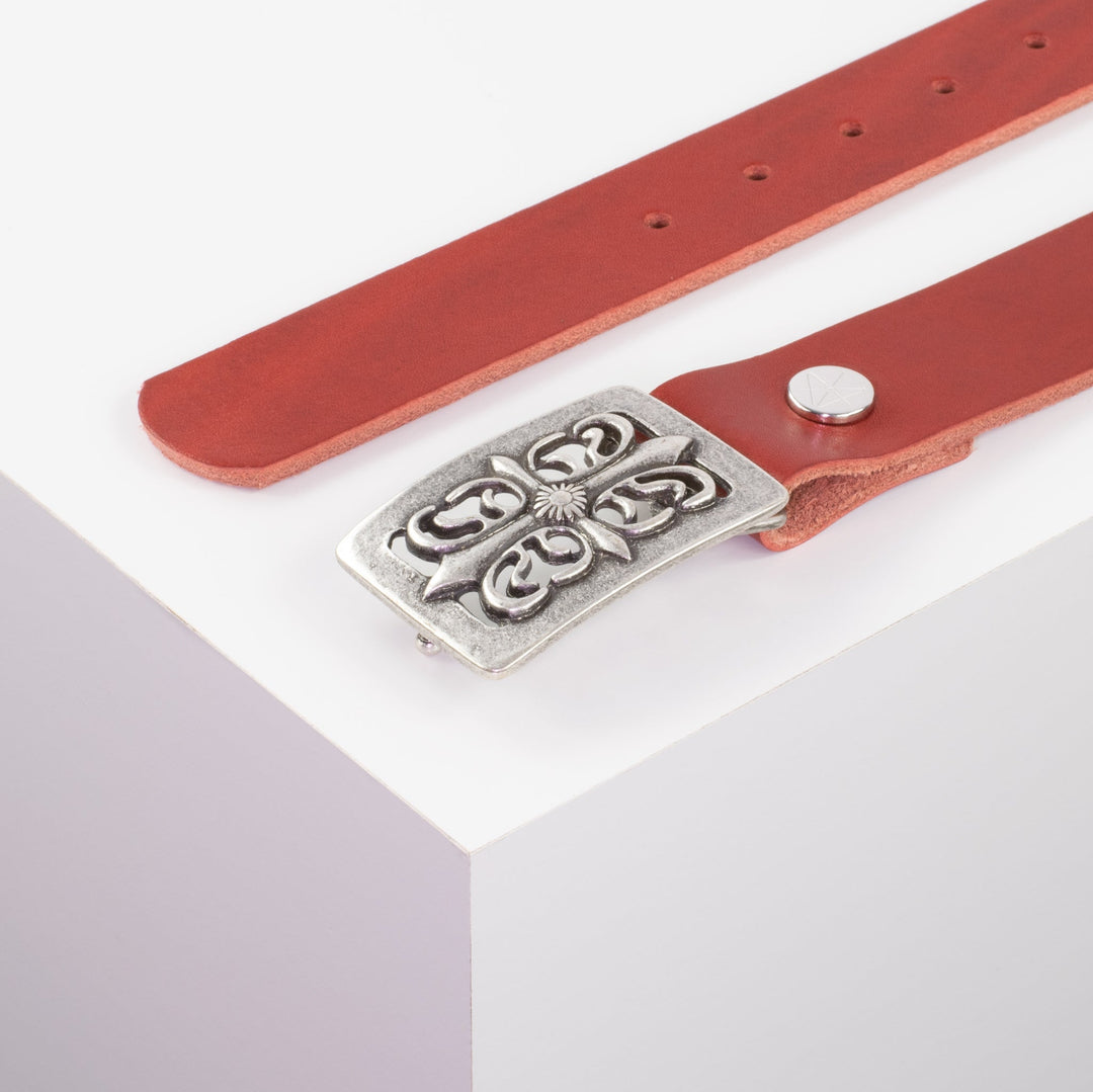 Ledergürtel 3,5cm mit Schnalle Ritter silber rot ohne Muster