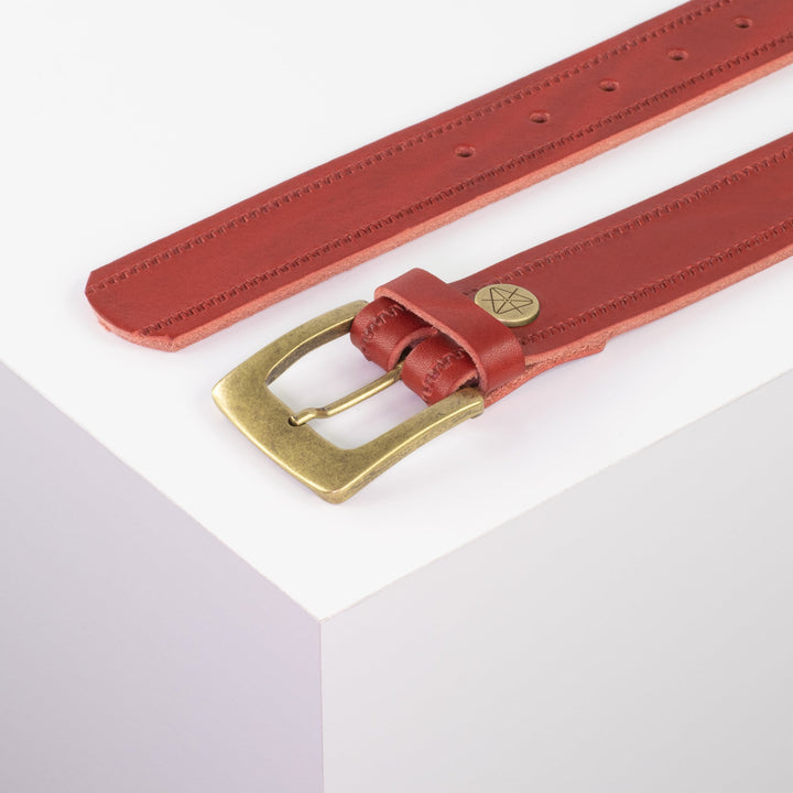 Ledergürtel 3,5cm mit Schnalle Madrid messing rot Reißverschluss
