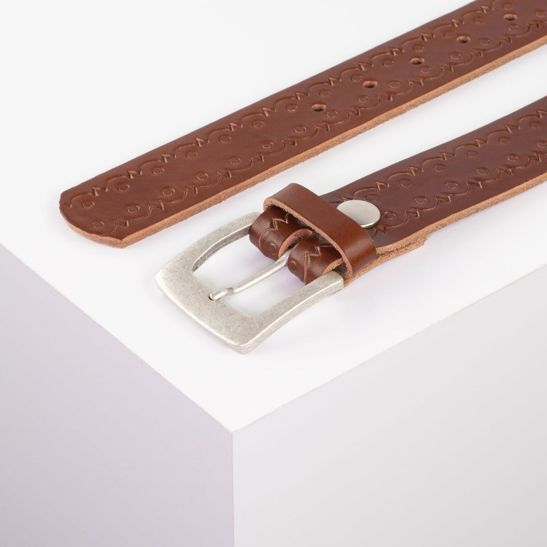 Ledergürtel 3,5cm mit Schnalle Madrid silber matt cognac Lochwelle