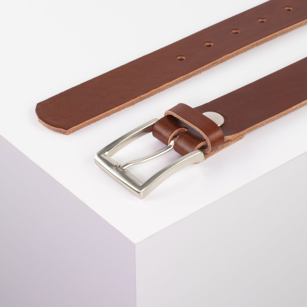 Ledergürtel 3,5cm mit Schnalle Toronto silber cognac ohne Muster