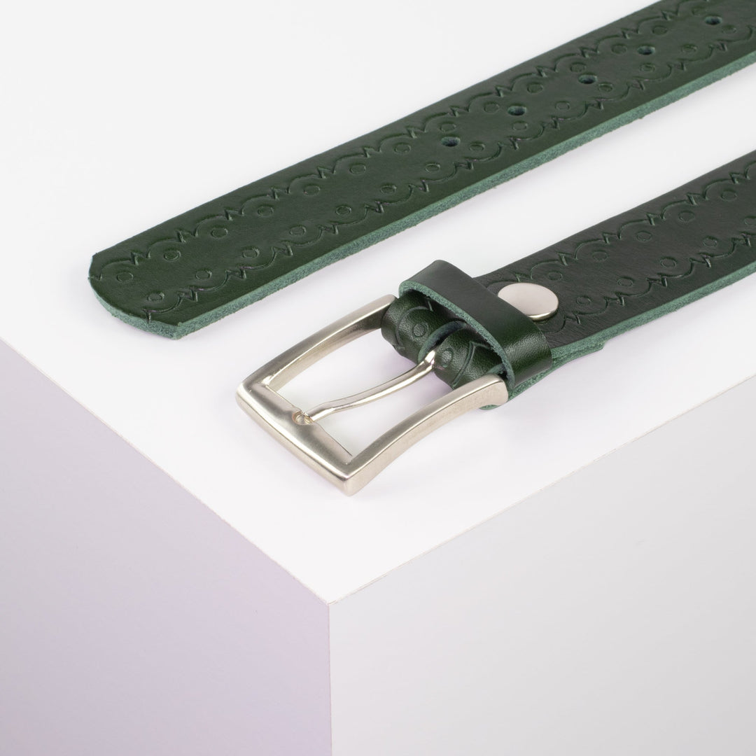 Ledergürtel 3,5cm mit Schnalle Toronto silber grün Lochwelle