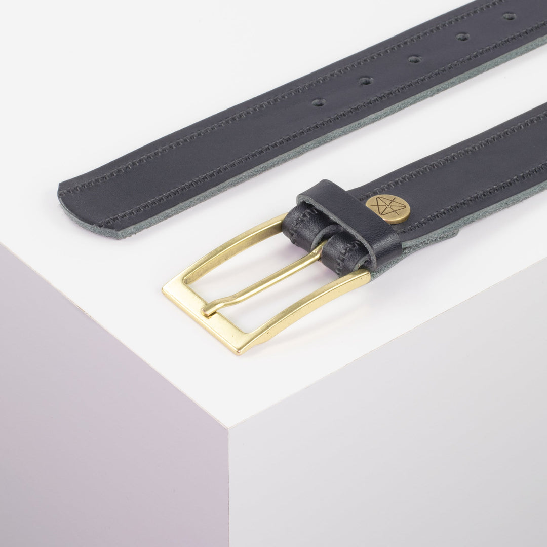 Ledergürtel 3,5cm mit Schnalle Verona gold navi Reißverschluss
