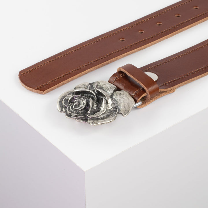 Ledergürtel 4cm mit Schnalle Rose cognac Reißverschluss