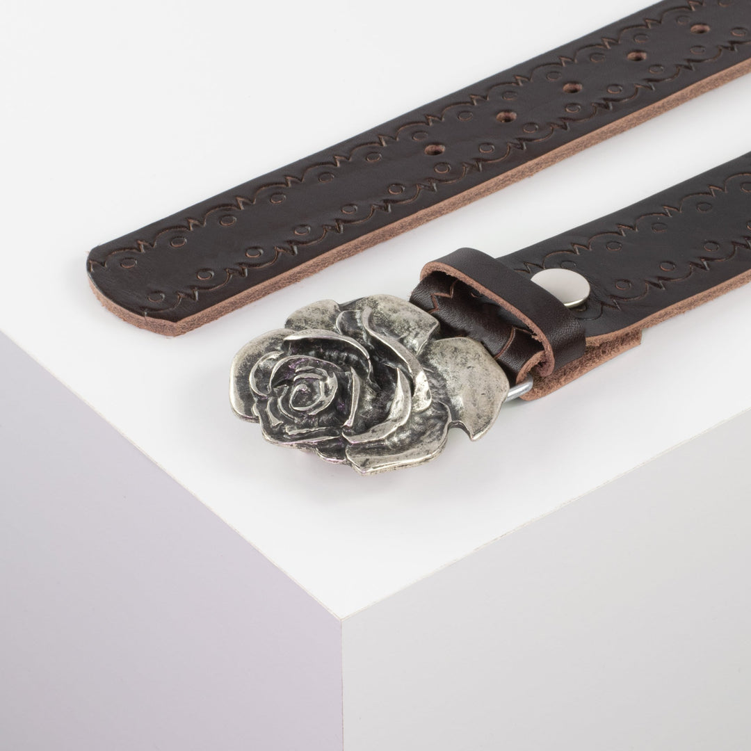 Ledergürtel 4cm mit Schnalle Rose dunkelbraun Lochwelle