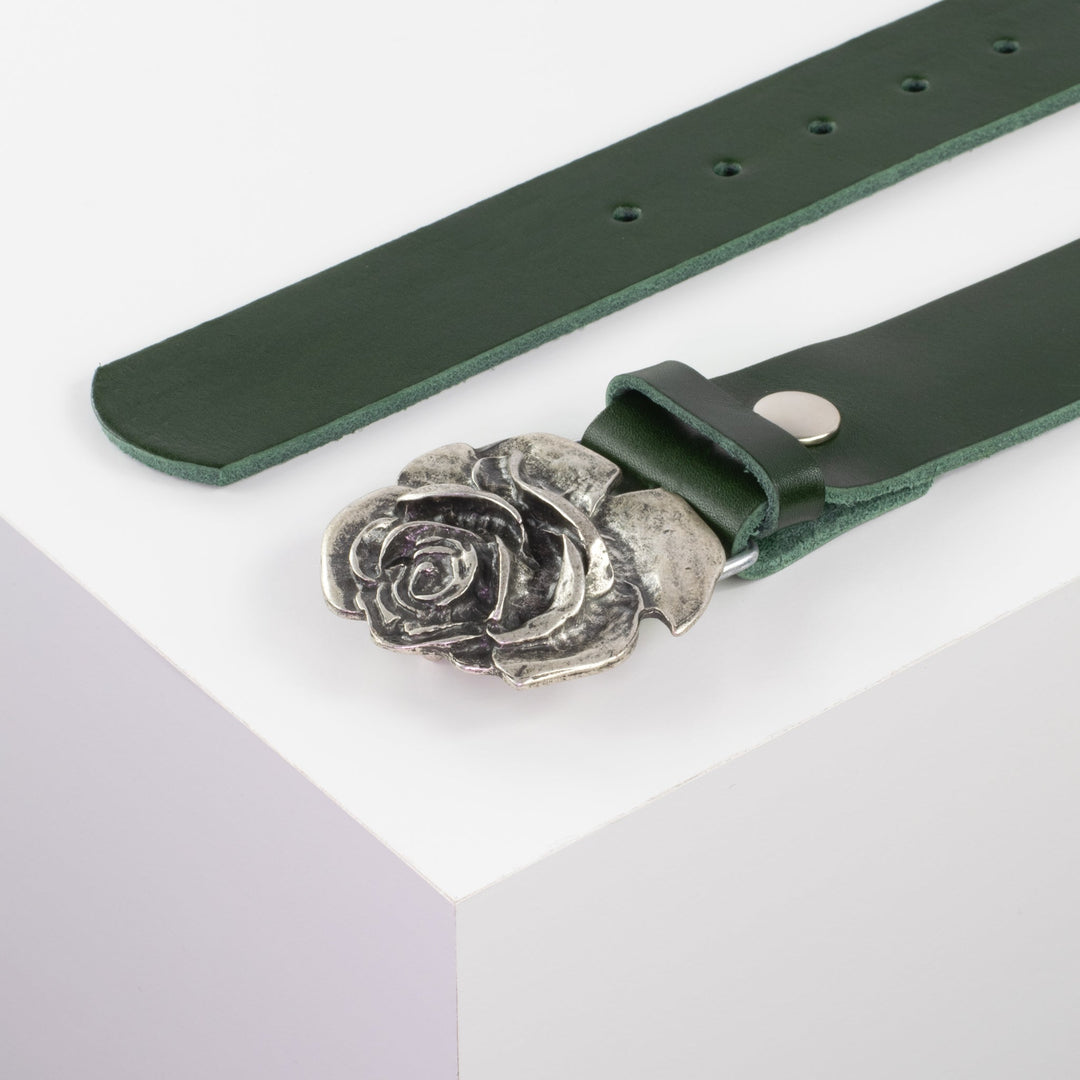 Ledergürtel 4cm mit Schnalle Rose grün ohne Muster