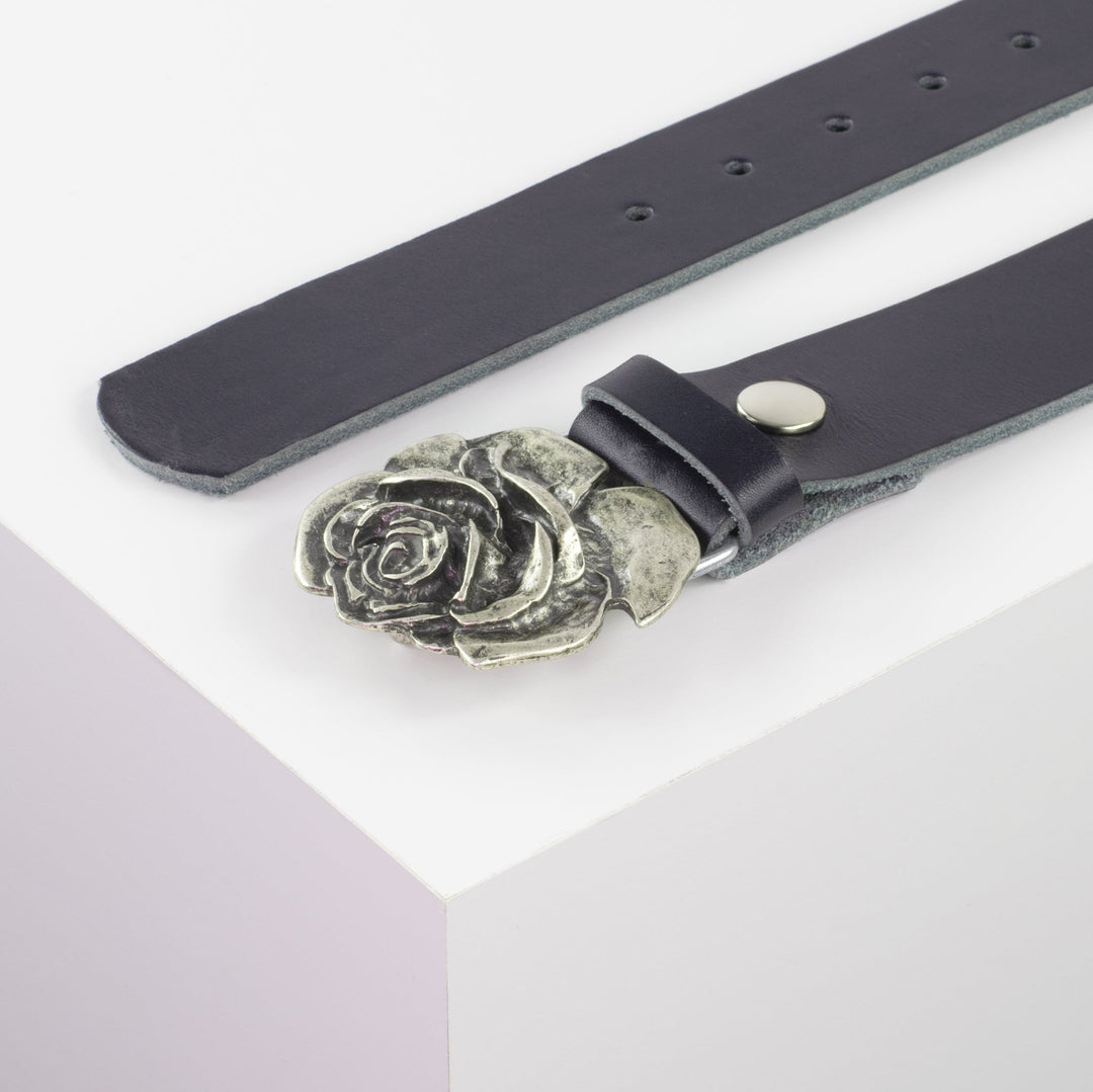 Ledergürtel 4cm mit Schnalle Rose navi ohne Muster