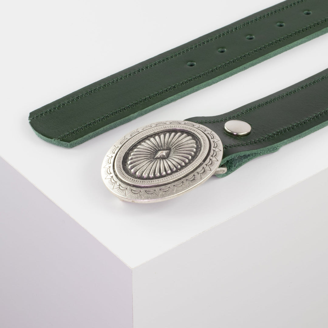 Ledergürtel 4cm mit Schnalle Floral silber grün Reißverschluss