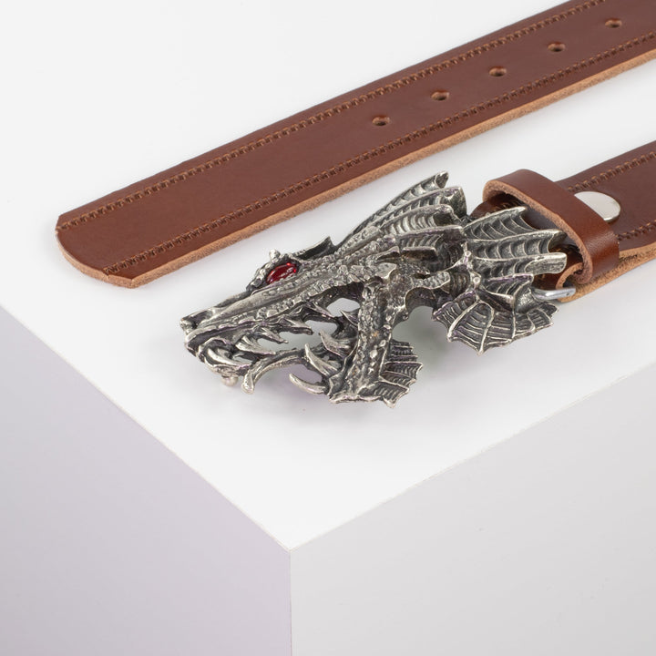 Ledergürtel 4cm mit Schnalle Drache cognac Reißverschluss