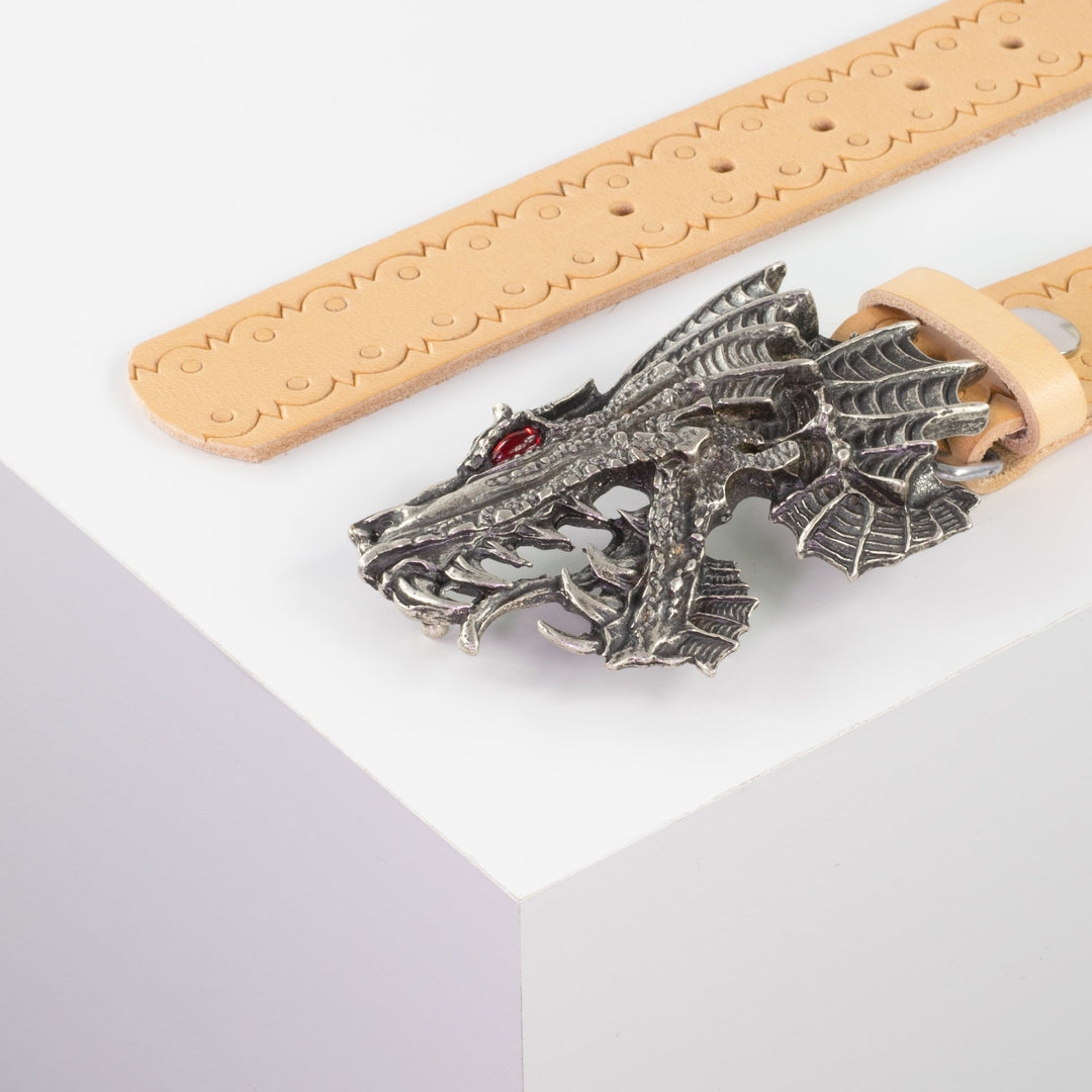 Ledergürtel 4cm mit Schnalle Drache natur Lochwelle