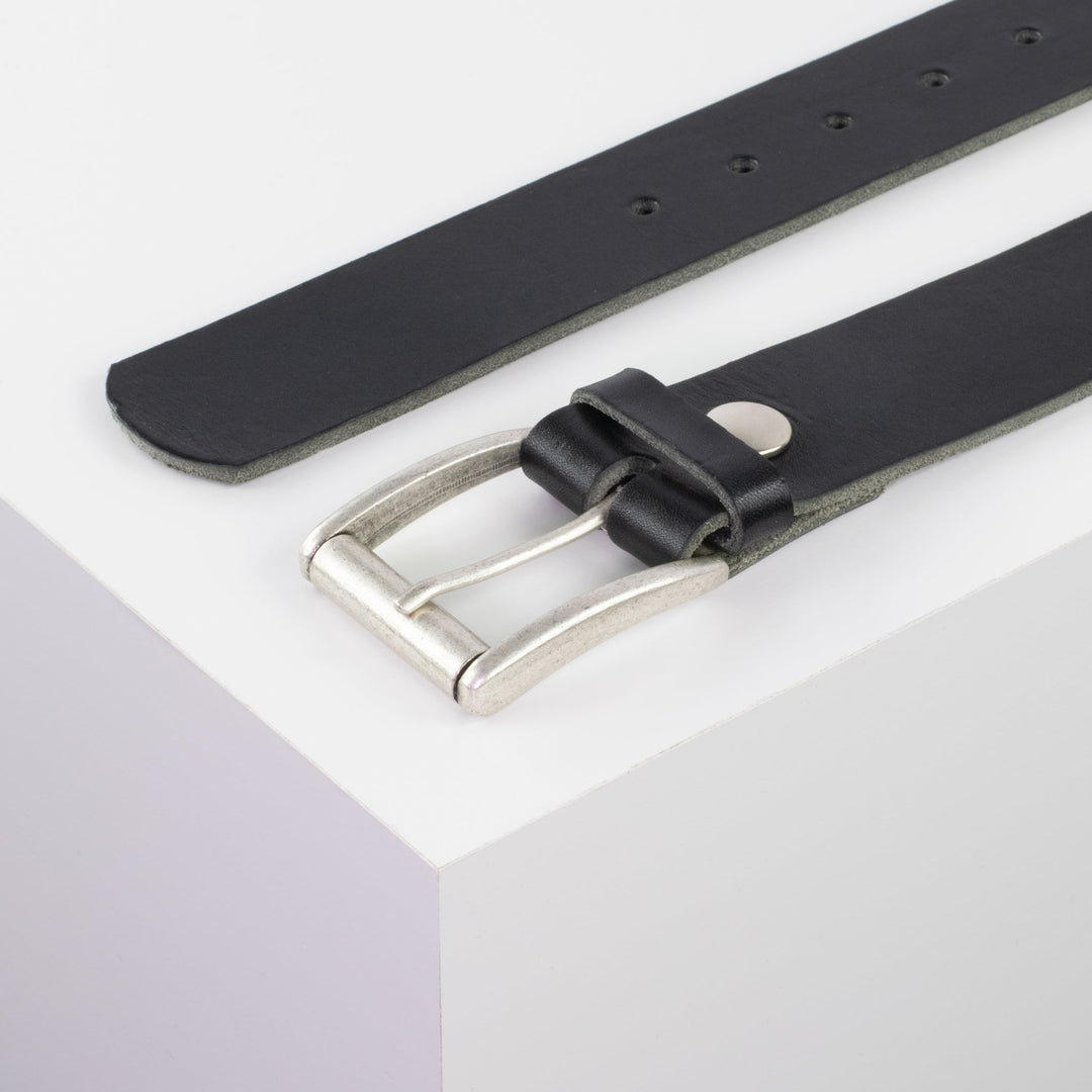 Ledergürtel 4cm mit Schnalle Amsterdam silber matt schwarz ohne Muster